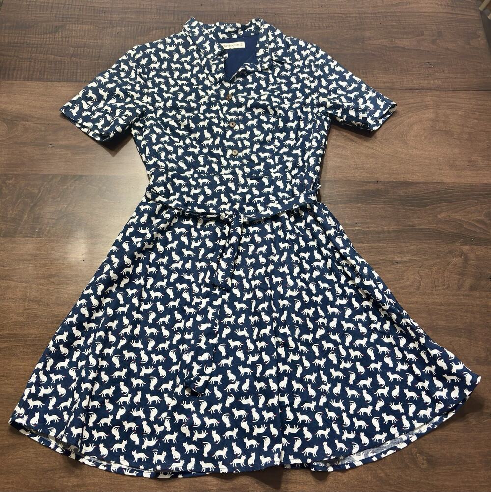 Cat Print Shirt Dress Tie Front Button Up SM Wardrobe Small Whimsical Academic
